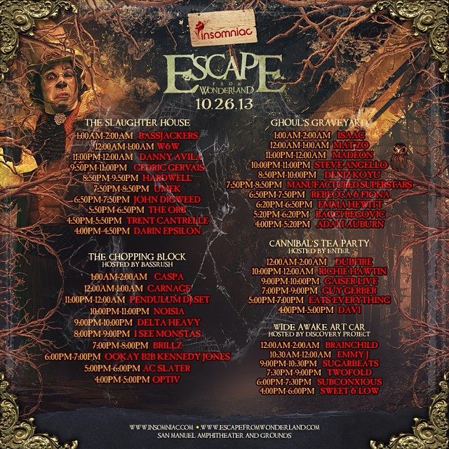 Escape From Wonderland 2013 Set Times